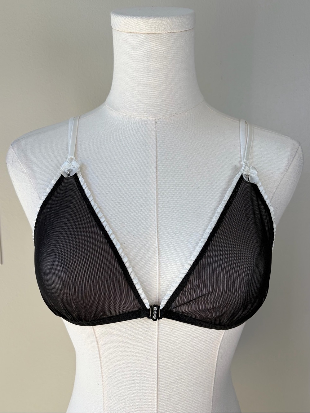 Express Intimates Black Mesh White Trim Front Clasp Triangle Lingerie Bra
